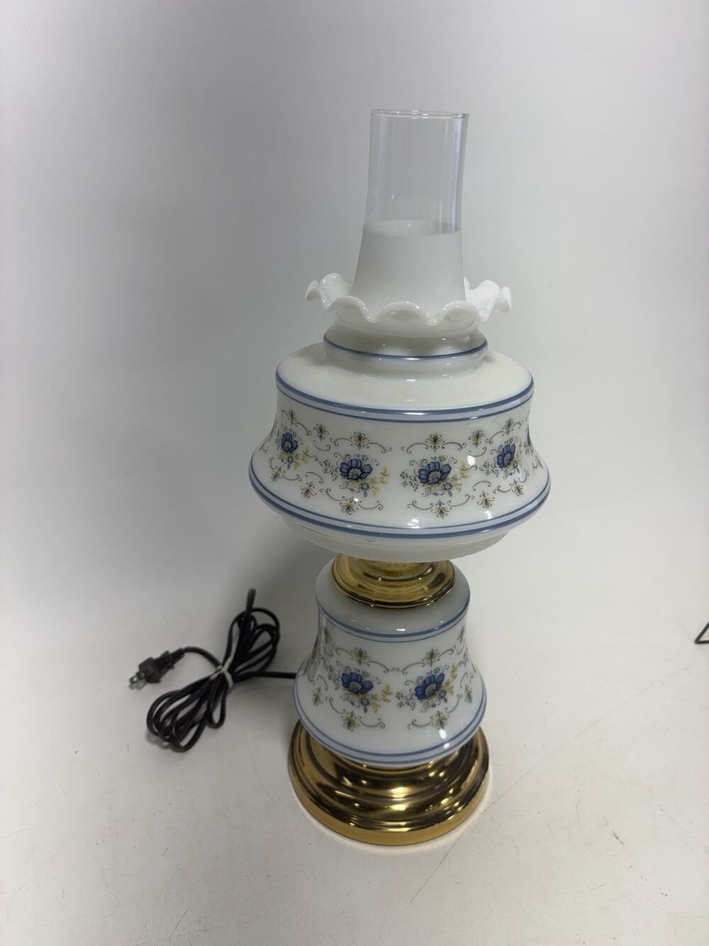 Abigail Adams Hurricane Lamp Blue Floral Milk Glass Table Lamp 20” Vintage